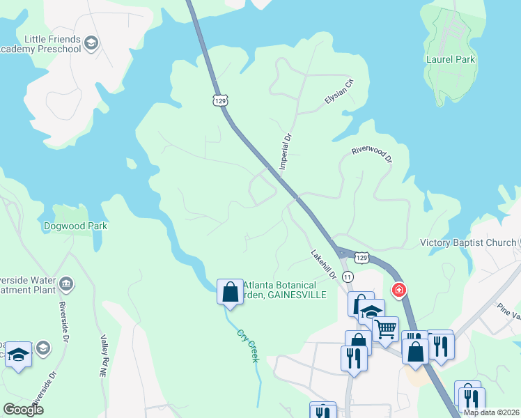 map of restaurants, bars, coffee shops, grocery stores, and more near 1941 Pinetree Trail in Gainesville