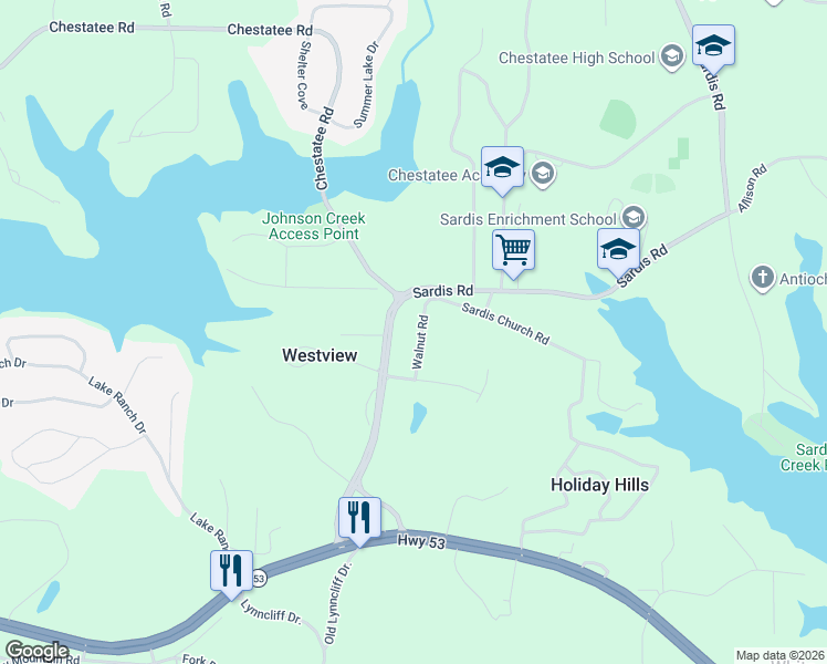 map of restaurants, bars, coffee shops, grocery stores, and more near 2623 Walnut Road in Gainesville