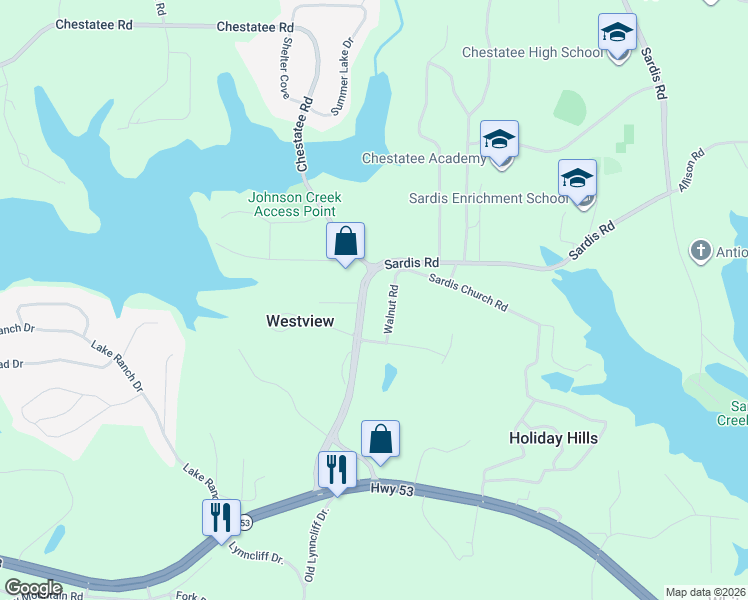 map of restaurants, bars, coffee shops, grocery stores, and more near 2688 Sardis Road in Gainesville