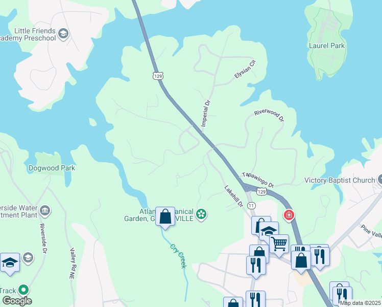 map of restaurants, bars, coffee shops, grocery stores, and more near 1955 Pinetree Trail in Gainesville