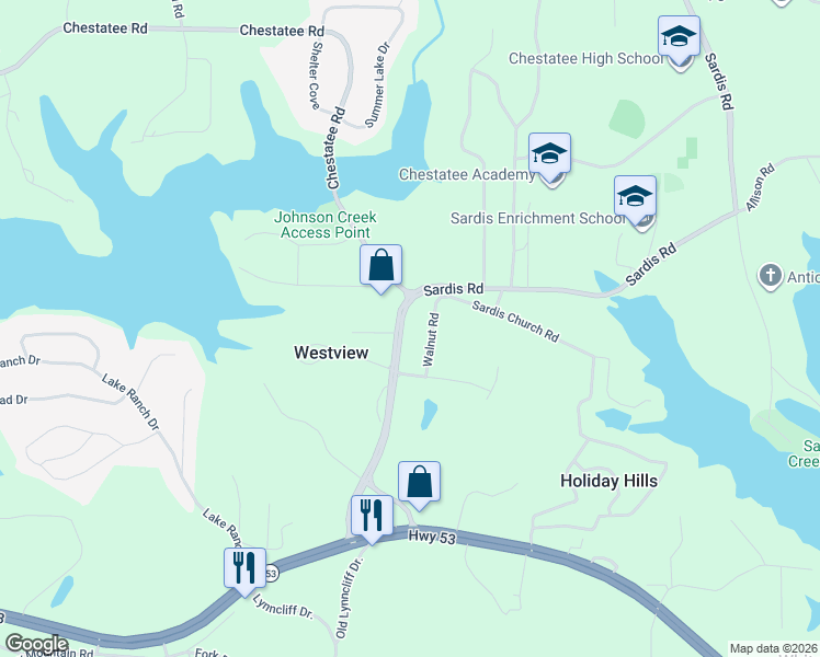 map of restaurants, bars, coffee shops, grocery stores, and more near 2688 Sardis Road in Gainesville