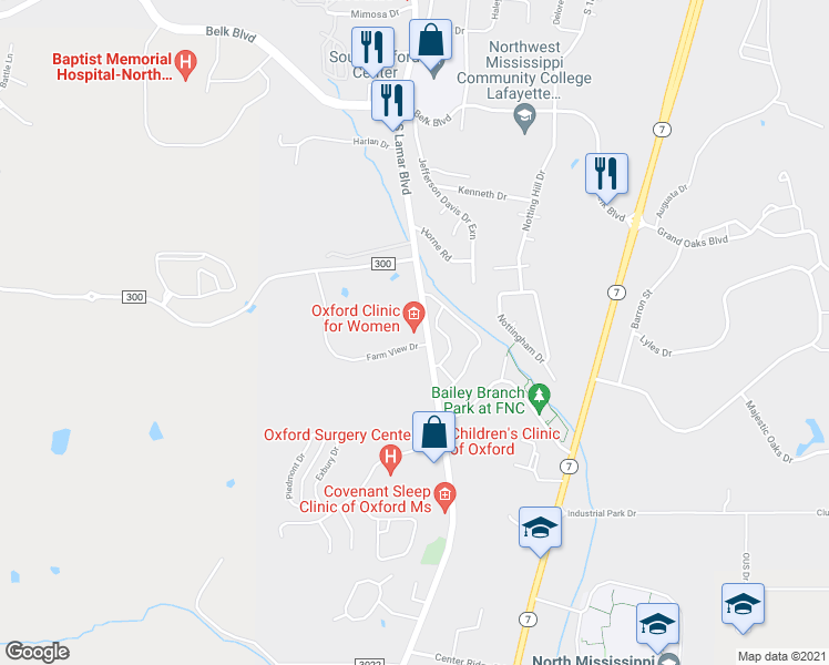 map of restaurants, bars, coffee shops, grocery stores, and more near 2610 South Lamar Boulevard in Oxford