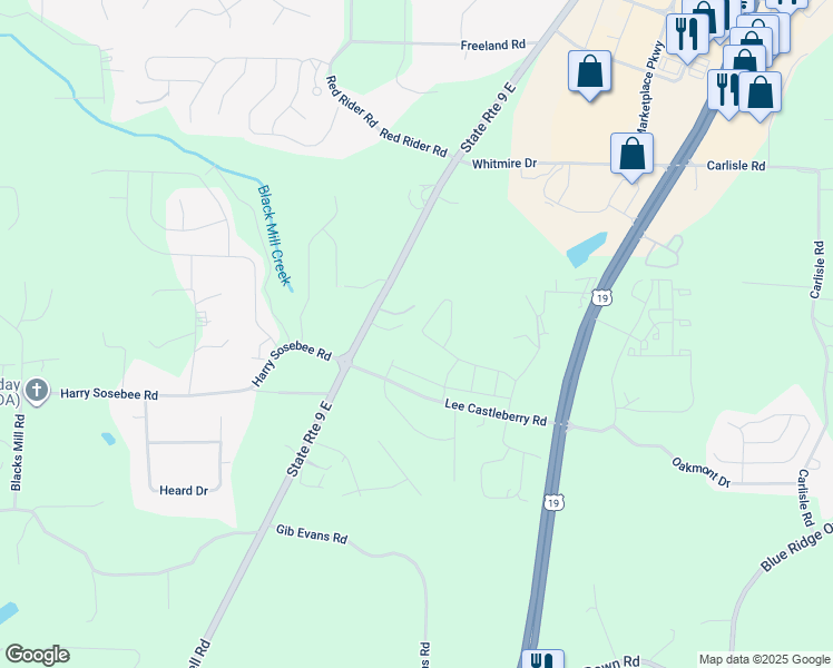 map of restaurants, bars, coffee shops, grocery stores, and more near 117 Lee Castleberry Road in Dawsonville