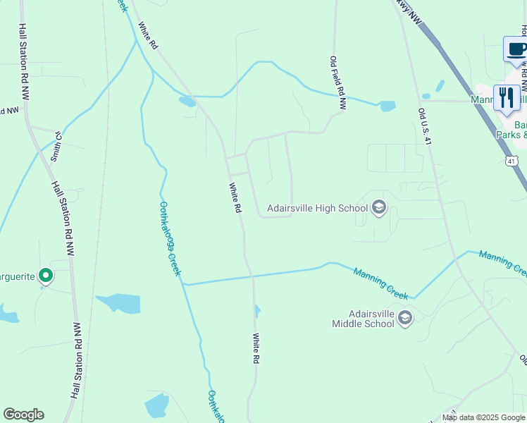 map of restaurants, bars, coffee shops, grocery stores, and more near 520 Fieldwood Drive Northwest in Adairsville