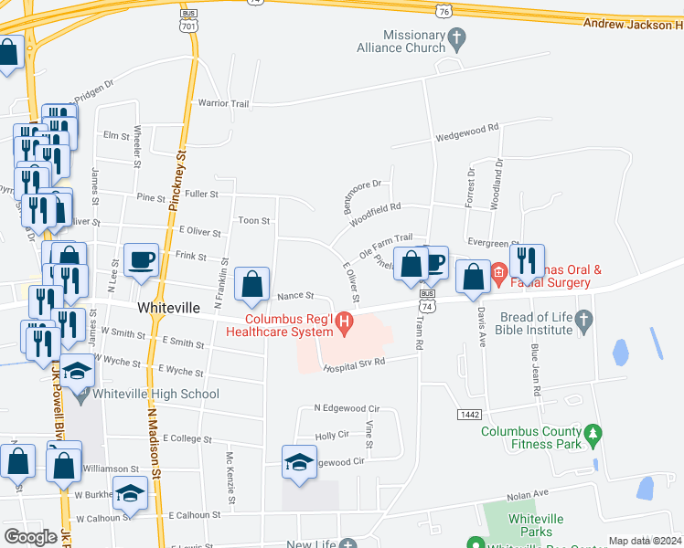 map of restaurants, bars, coffee shops, grocery stores, and more near 500 East Oliver Street in Whiteville