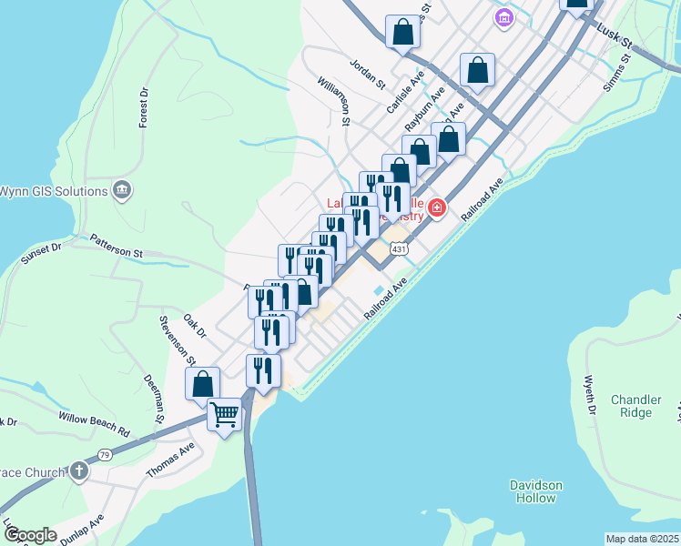 map of restaurants, bars, coffee shops, grocery stores, and more near 1821 Gunter Avenue in Guntersville