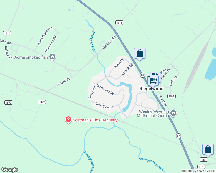 map of restaurants, bars, coffee shops, grocery stores, and more near 107 Cornwallis Road in Riegelwood