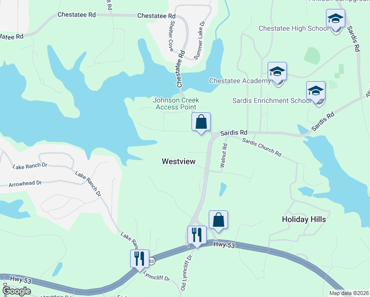 map of restaurants, bars, coffee shops, grocery stores, and more near 2650 Westview Circle in Gainesville