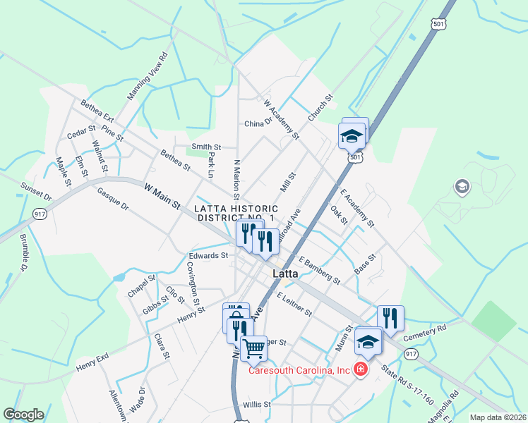 map of restaurants, bars, coffee shops, grocery stores, and more near 202 North Mauldin Street in Latta