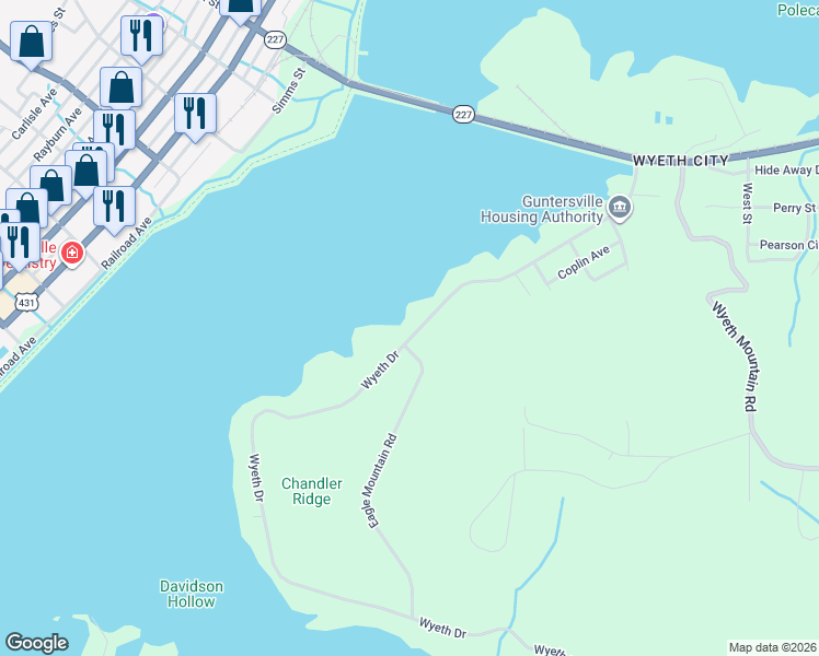 map of restaurants, bars, coffee shops, grocery stores, and more near 1721 Wyeth Drive in Guntersville