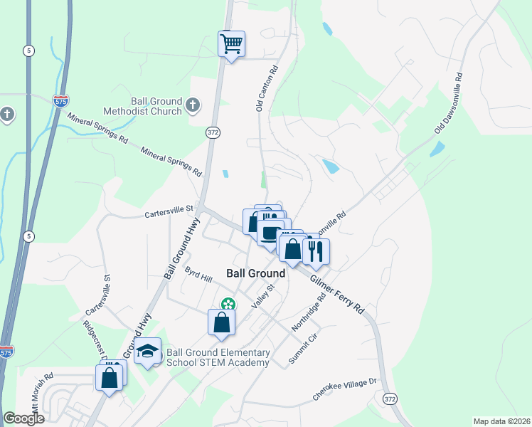 map of restaurants, bars, coffee shops, grocery stores, and more near Mc Han Street in Ball Ground