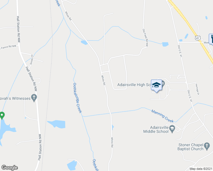 map of restaurants, bars, coffee shops, grocery stores, and more near 412 White Road in Adairsville