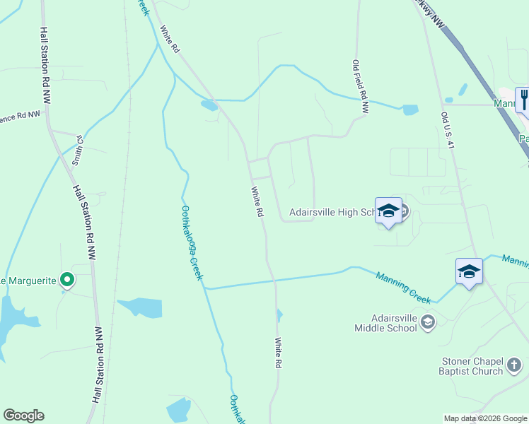 map of restaurants, bars, coffee shops, grocery stores, and more near 412 White Road in Adairsville