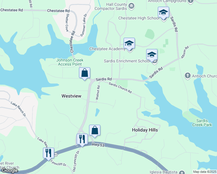 map of restaurants, bars, coffee shops, grocery stores, and more near 2710 Sardis Church Road in Gainesville