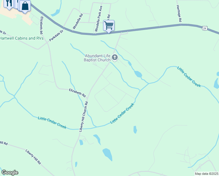map of restaurants, bars, coffee shops, grocery stores, and more near 27 Rachel Lane in Hartwell
