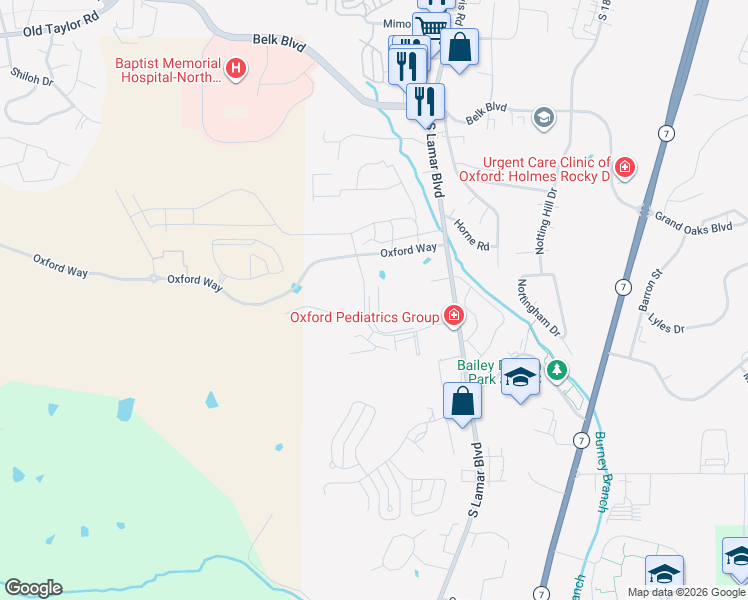 map of restaurants, bars, coffee shops, grocery stores, and more near 2420 South Lamar Boulevard in Oxford