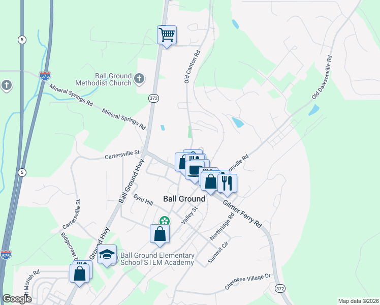 map of restaurants, bars, coffee shops, grocery stores, and more near Mc Han Street in Ball Ground