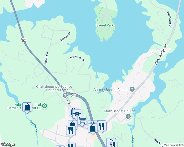 map of restaurants, bars, coffee shops, grocery stores, and more near 2018 Riverwood Drive in Gainesville