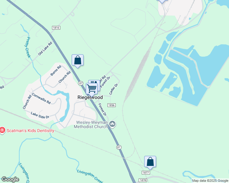 map of restaurants, bars, coffee shops, grocery stores, and more near 206 Cedar Drive in Riegelwood
