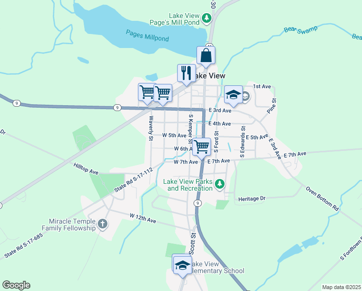 map of restaurants, bars, coffee shops, grocery stores, and more near 302 South Walnut Street in Lake View