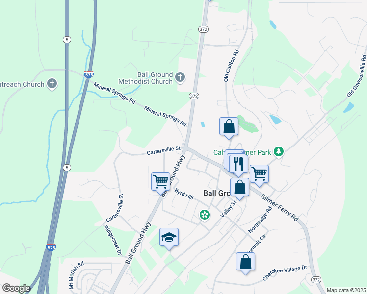 map of restaurants, bars, coffee shops, grocery stores, and more near in Ball Ground
