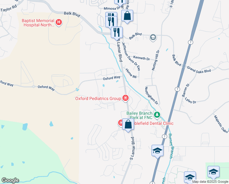 map of restaurants, bars, coffee shops, grocery stores, and more near 2420-2740 South Lamar Boulevard in Oxford