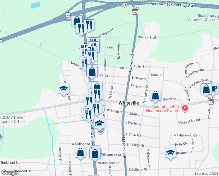 map of restaurants, bars, coffee shops, grocery stores, and more near 906 James Street in Whiteville