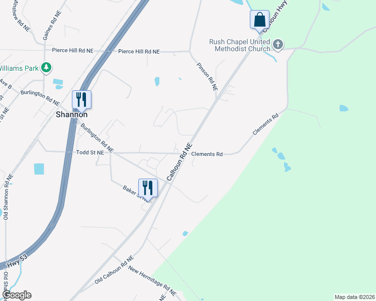 map of restaurants, bars, coffee shops, grocery stores, and more near 4724 Calhoun Road Northeast in Rome