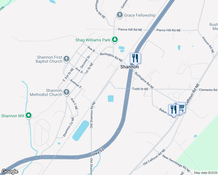 map of restaurants, bars, coffee shops, grocery stores, and more near 490 Old Shannon Road Northeast in Rome