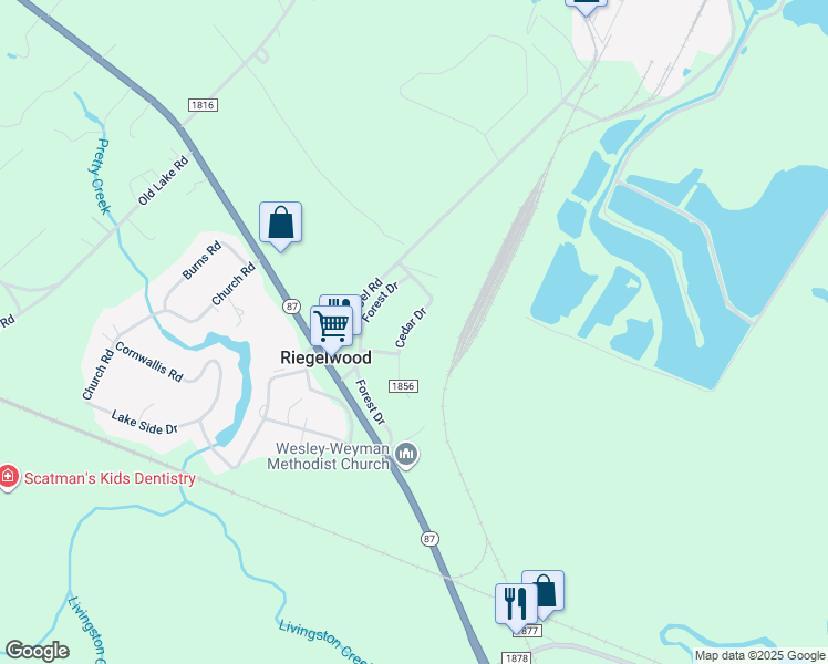 map of restaurants, bars, coffee shops, grocery stores, and more near 206 Cedar Drive in Riegelwood