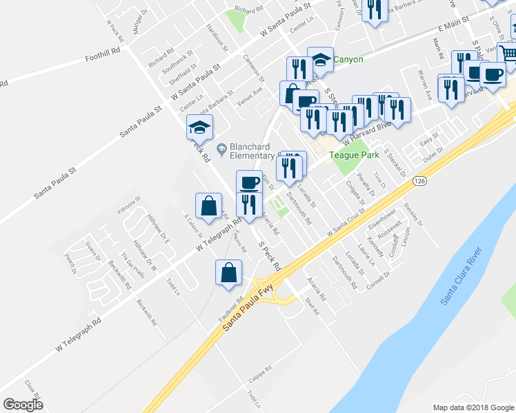 map of restaurants, bars, coffee shops, grocery stores, and more near West Harvard Boulevard & Acacia Road in Santa Paula