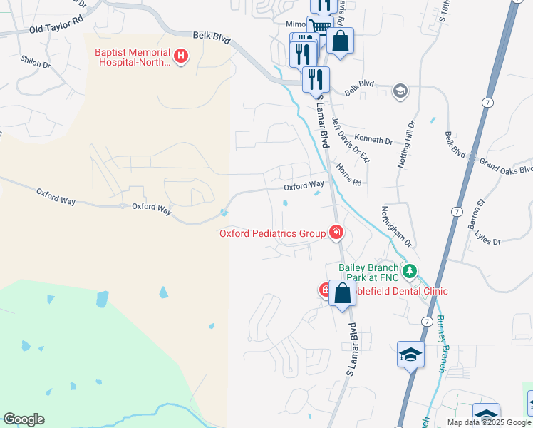 map of restaurants, bars, coffee shops, grocery stores, and more near 2420 South Lamar Boulevard in Oxford