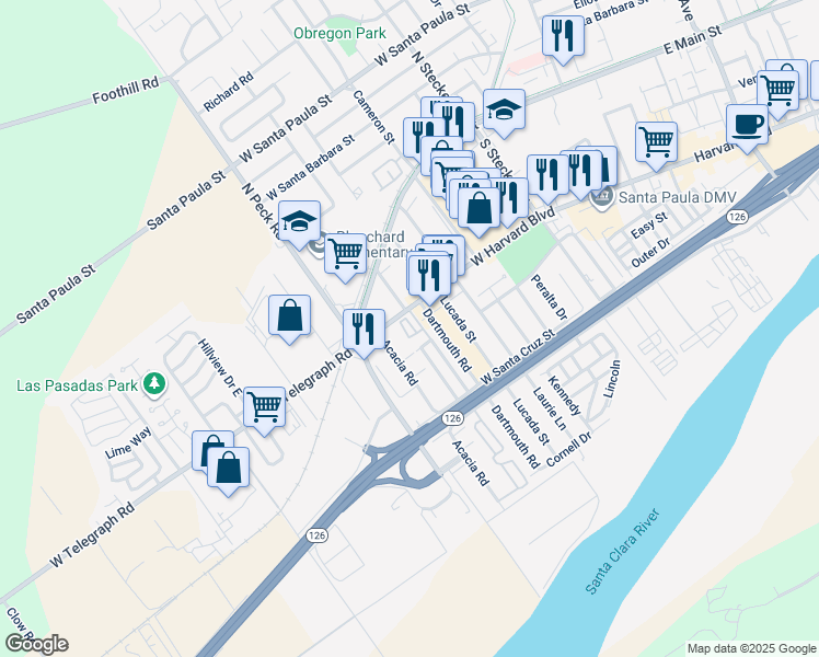 map of restaurants, bars, coffee shops, grocery stores, and more near 710 West Harvard Boulevard in Santa Paula