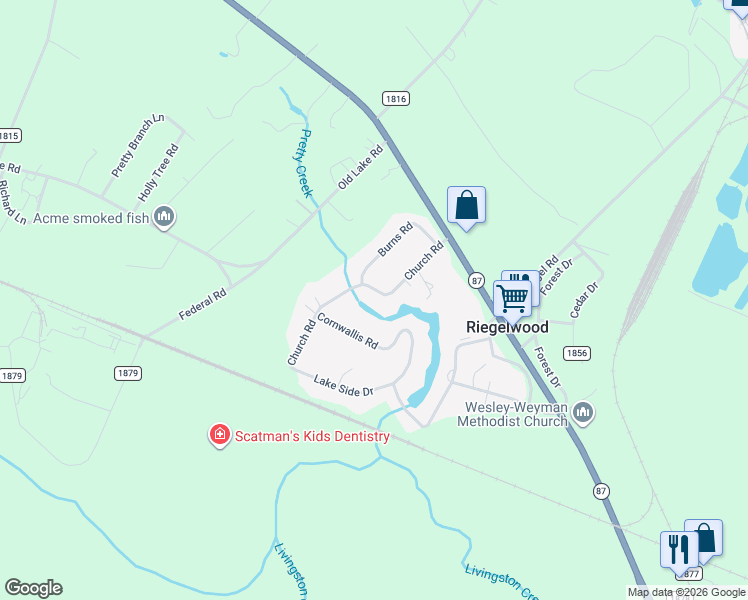 map of restaurants, bars, coffee shops, grocery stores, and more near 117 Church Road in Riegelwood