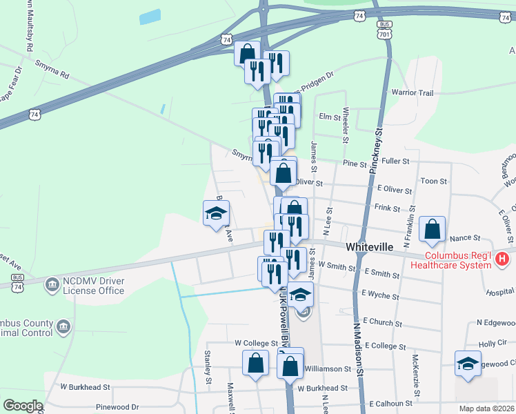 map of restaurants, bars, coffee shops, grocery stores, and more near 1003 Smyrna Drive in Whiteville