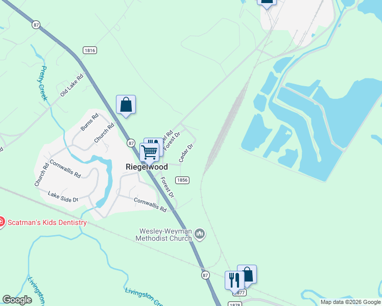 map of restaurants, bars, coffee shops, grocery stores, and more near 209 Cedar Drive in Riegelwood