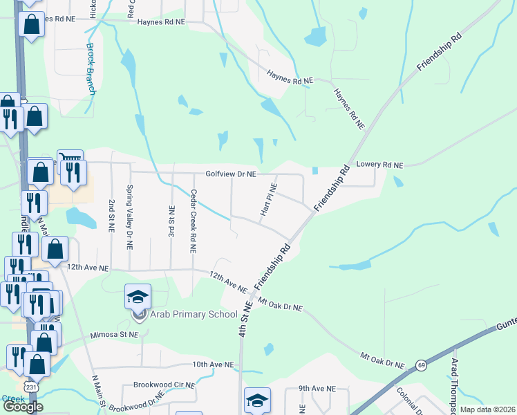 map of restaurants, bars, coffee shops, grocery stores, and more near 1370 Hart Place Northeast in Arab