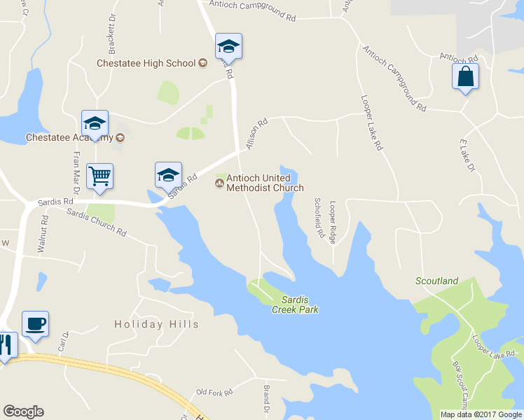 map of restaurants, bars, coffee shops, grocery stores, and more near 2959 Antioch Church Road in Gainesville