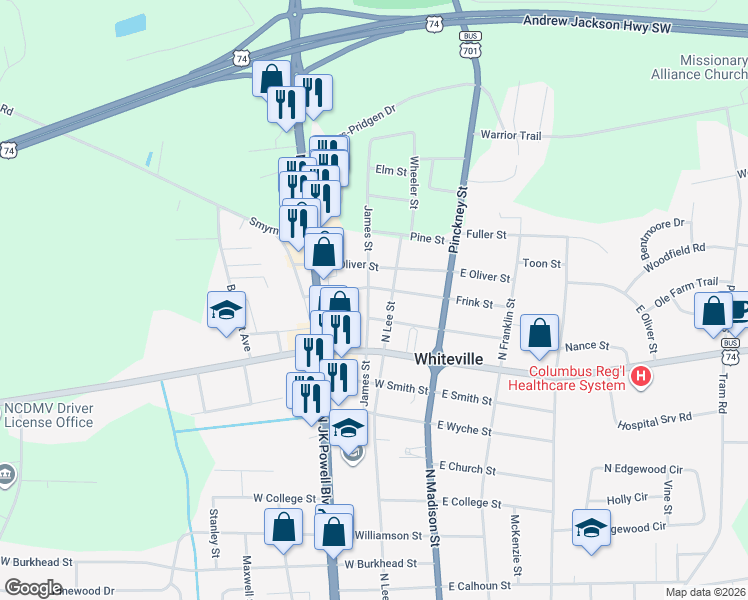 map of restaurants, bars, coffee shops, grocery stores, and more near 906 James Street in Whiteville