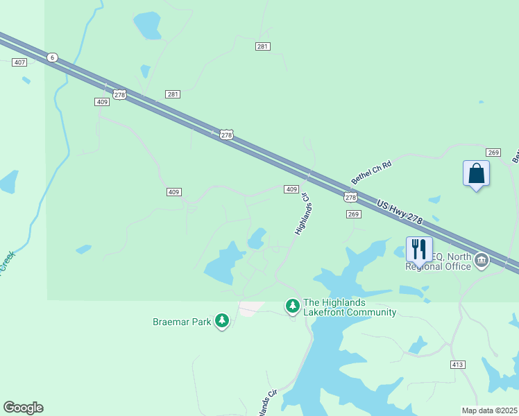 map of restaurants, bars, coffee shops, grocery stores, and more near County Road 409 in Oxford