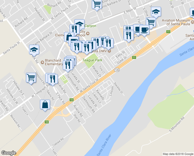 map of restaurants, bars, coffee shops, grocery stores, and more near 359 Colgate Street in Santa Paula