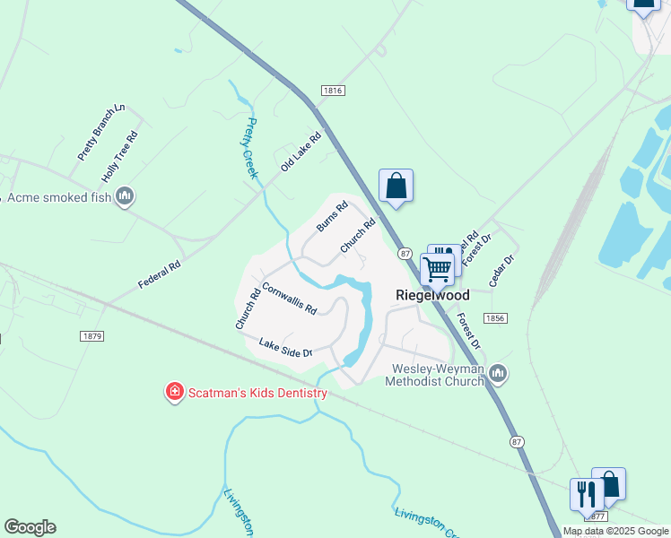 map of restaurants, bars, coffee shops, grocery stores, and more near 111 Church Road in Riegelwood
