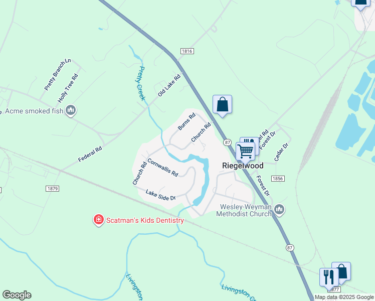 map of restaurants, bars, coffee shops, grocery stores, and more near 111 Church Road in Riegelwood