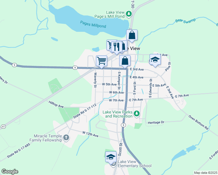 map of restaurants, bars, coffee shops, grocery stores, and more near 302 South Walnut Street in Lake View