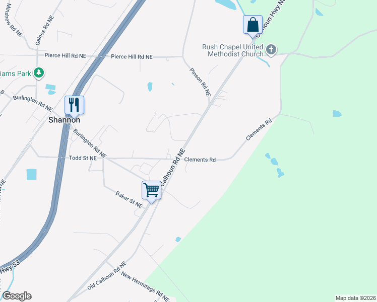 map of restaurants, bars, coffee shops, grocery stores, and more near 4724 Calhoun Road Northeast in Rome