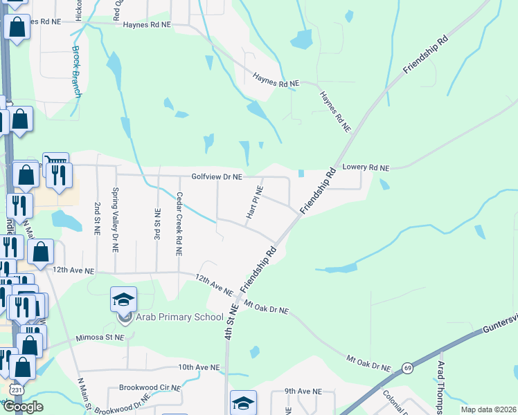map of restaurants, bars, coffee shops, grocery stores, and more near 1370 Hart Place Northeast in Arab