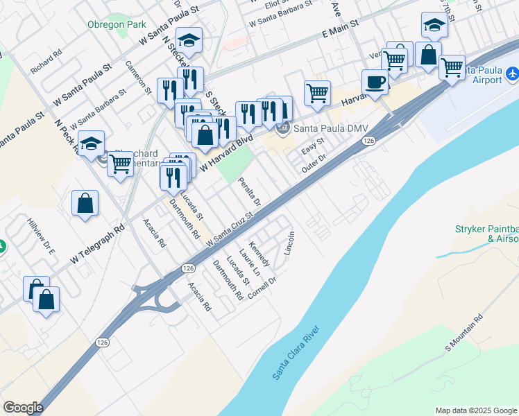 map of restaurants, bars, coffee shops, grocery stores, and more near 359 Colgate Street in Santa Paula