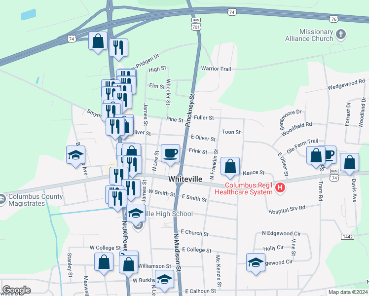 map of restaurants, bars, coffee shops, grocery stores, and more near in Whiteville