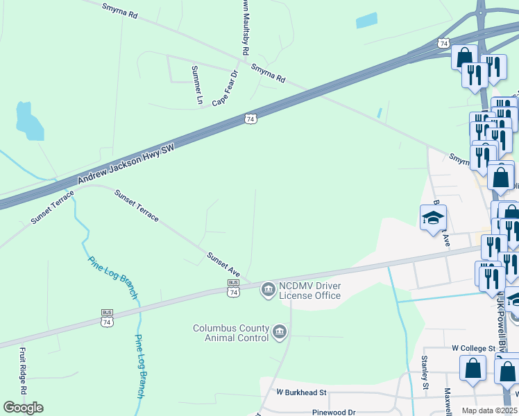 map of restaurants, bars, coffee shops, grocery stores, and more near 1012 Spruce Street in Whiteville