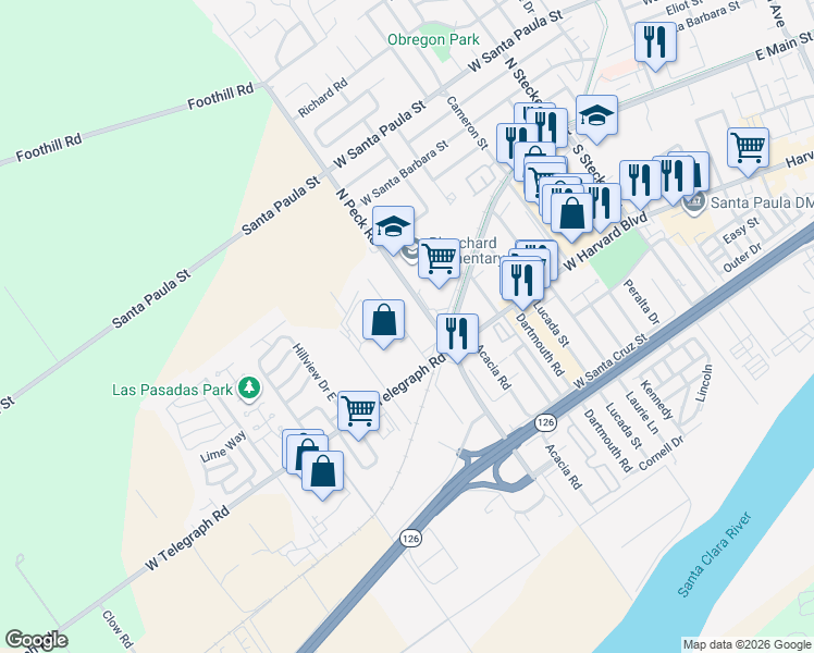 map of restaurants, bars, coffee shops, grocery stores, and more near 136 Sheppard Road in Santa Paula